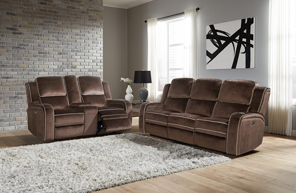 Power recliner sofa in brown fabric by Global