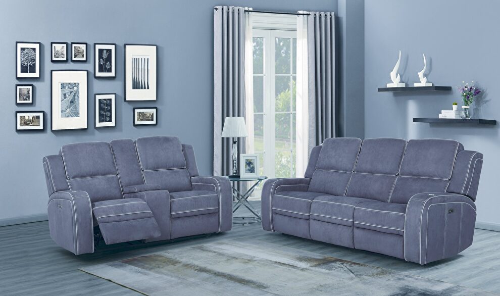 Power recliner sofa in gray fabric by Global