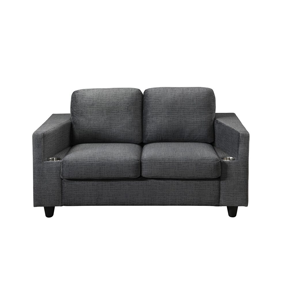 Gray blend fabric stylish casual style loveseat w/ cupholders by Global