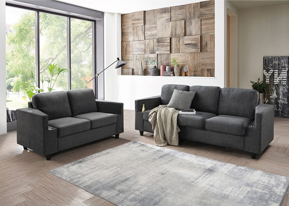 Gray blend fabric stylish casual style sofa w/ cupholders by Global