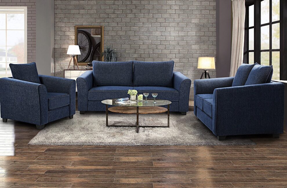 Simple affordable blue chenille fabric sofa by Global
