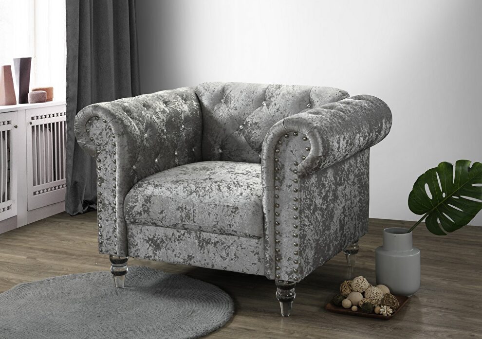 Tufted design low profile glam gray velvet chair by Global
