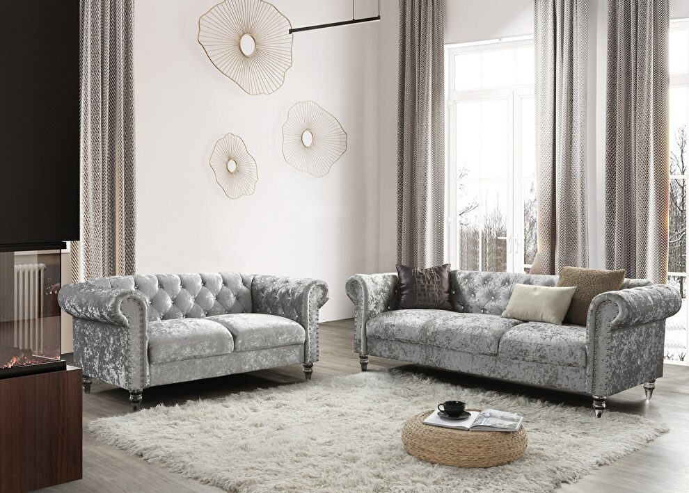 Tufted design low profile glam gray velvet sofa by Global