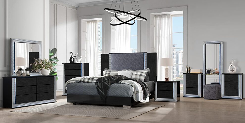 Wavy black king bed in modern style w/ led by Global