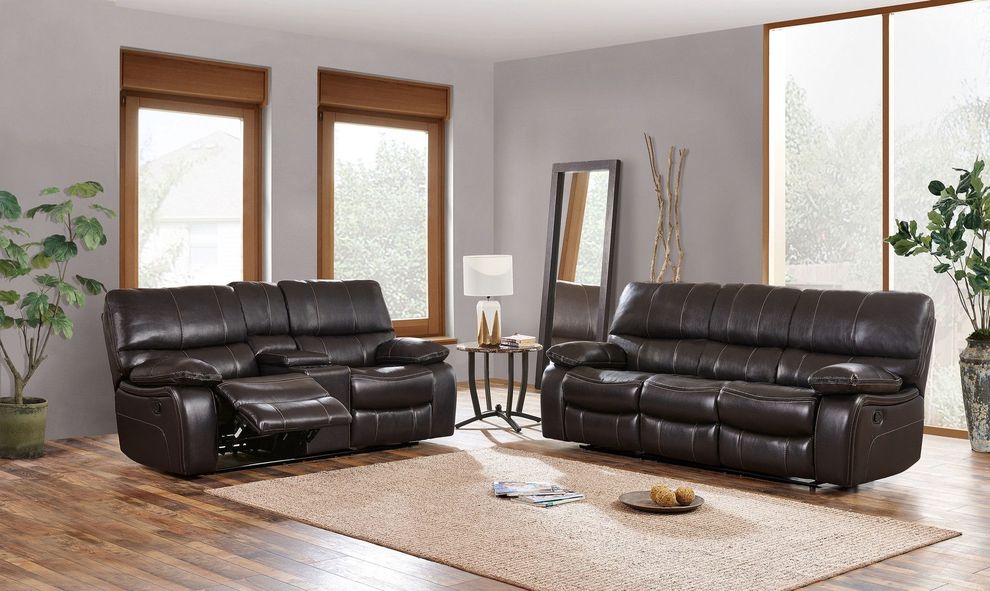 Dark brown leather contemporary reclining sofa by Global