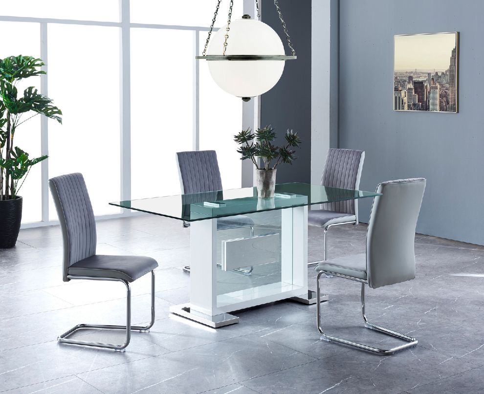 Modern glass top white base dining table by Global
