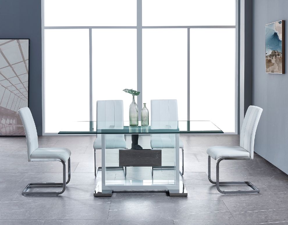 Modern glass top white base dining table by Global