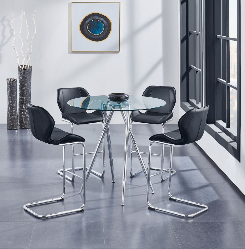 Round glass top elegant bar style table set w/ black chairs by Global