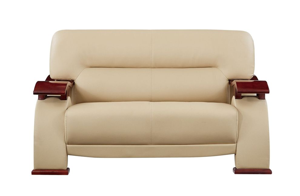 Cappuccino leather match loveseat w/ wooden arms by Global