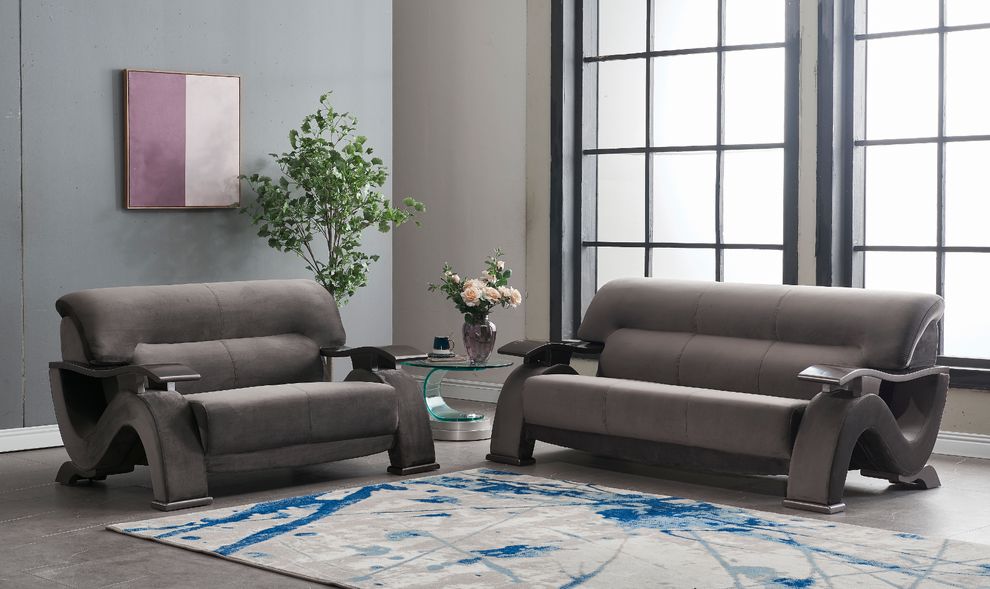 Contemporary grey velvet sofa w curved arms by Global