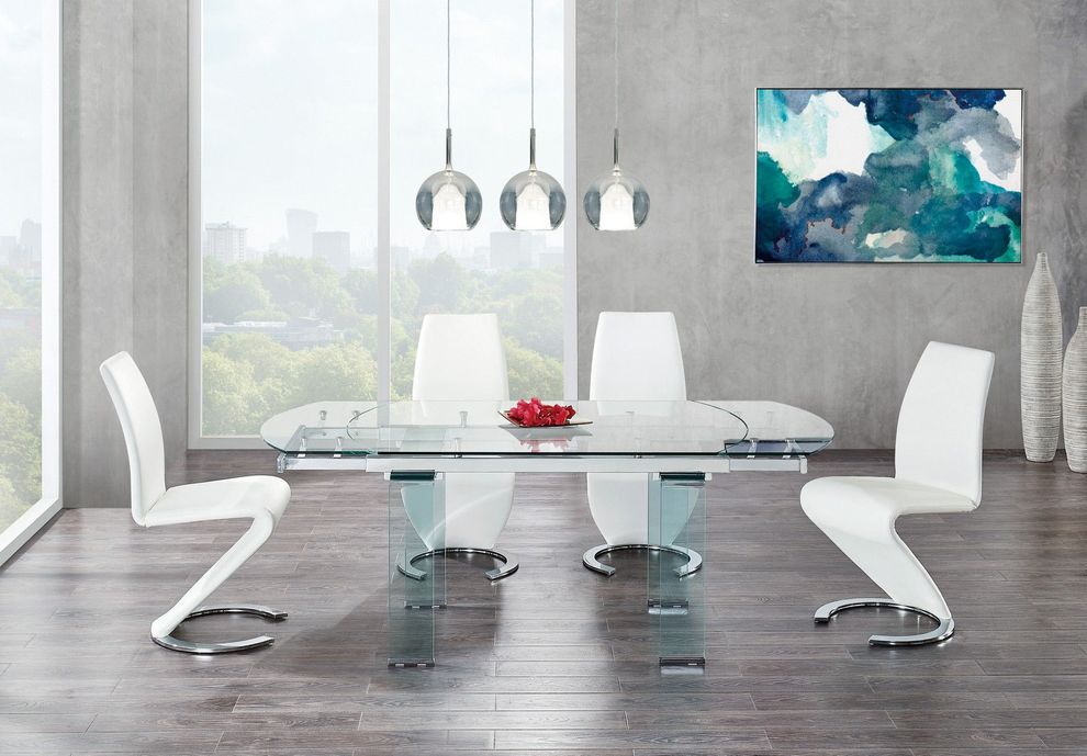 Contemporary full glass dining table w/ extensions by Global