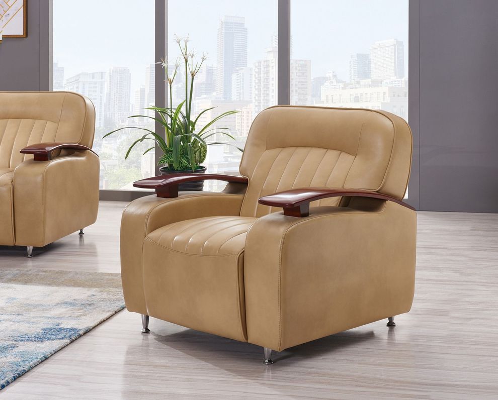 Tan camel leather gel chair w/ wooden arms by Global