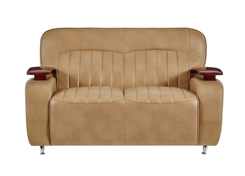 Tan camel leather gel loveseat w/ wooden arms by Global