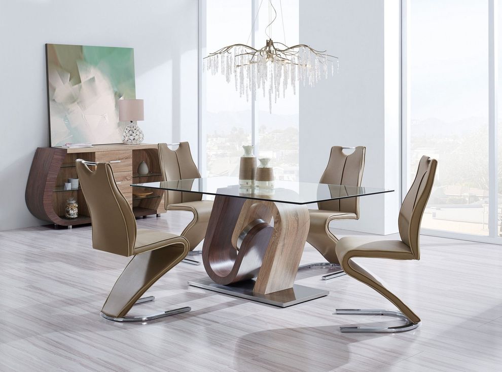 Two-toned walnut / clear glass top dining table by Global