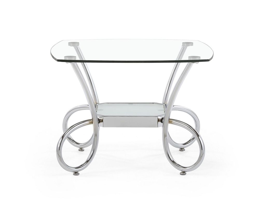 Curved chrome tube base glass top end table by Global