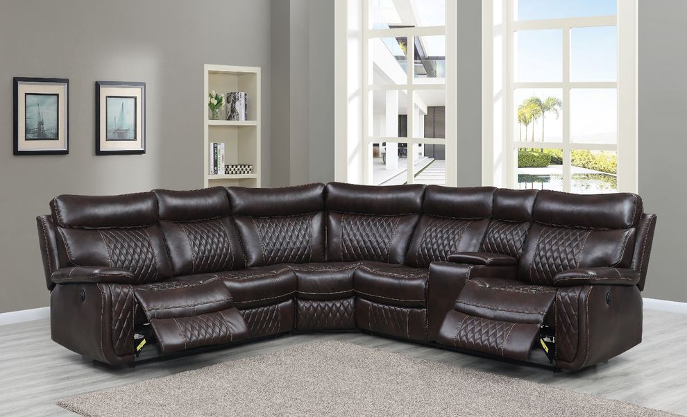 Brown leather gel sectional w/ 2 power recliners by Global