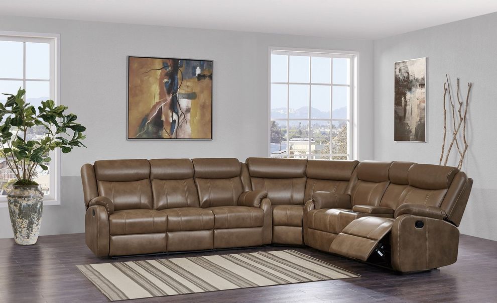 Recliner sectional sofa in blanche walnut leather by Global