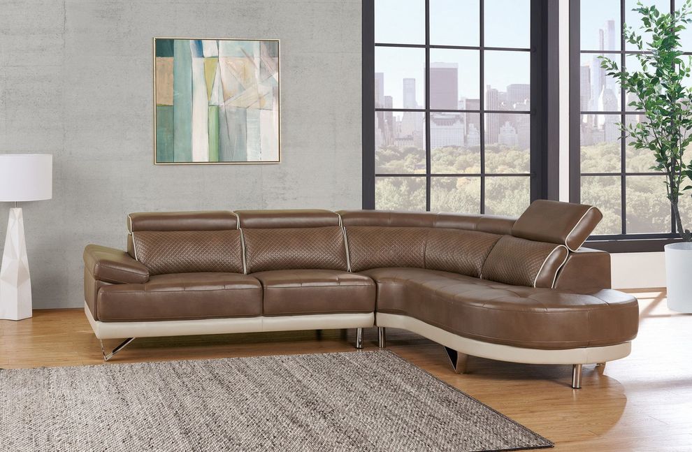Two-toned walnut/pearl sectional sofa w/ headrests by Global