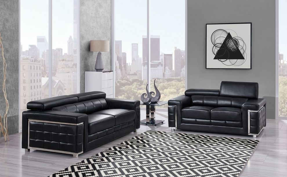 Sleek modern sofa in black leather w/ headrests by Global