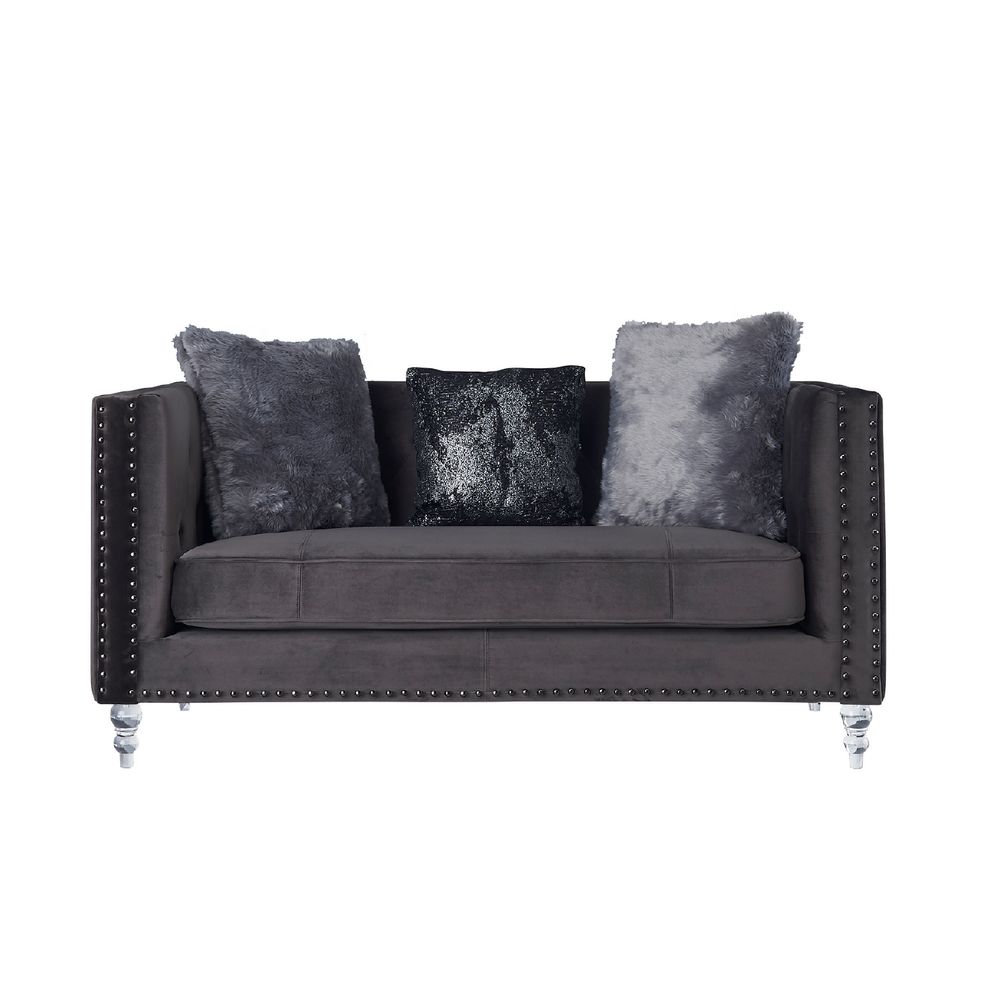 Gray velvet classic style tufted loveseat w/ diamond stitching by Global