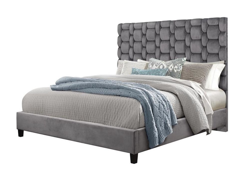 Grey velvet contemporary upholstered king bed by Global