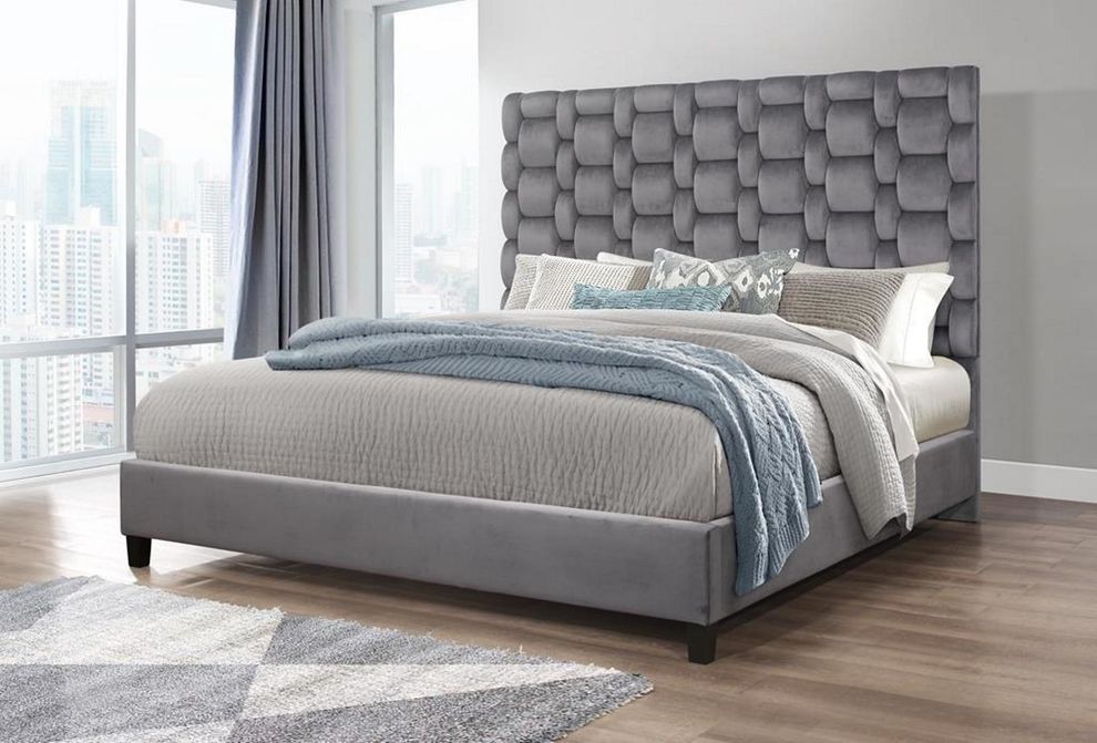 Grey velvet contemporary upholstered bed by Global