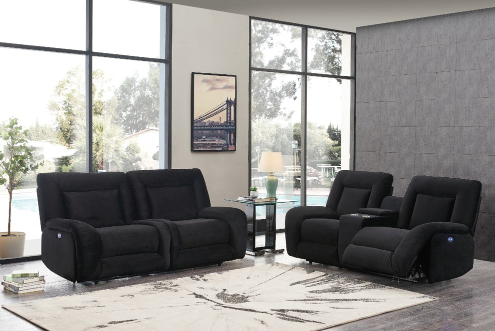 Luxurious black velvet fabric power reclining sofa by Global