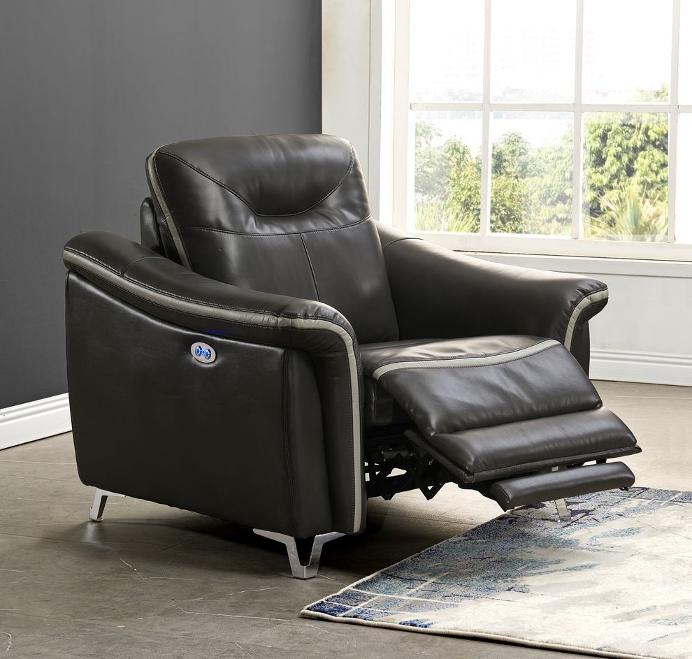 Dark grey contrast leather gel power recliner by Global