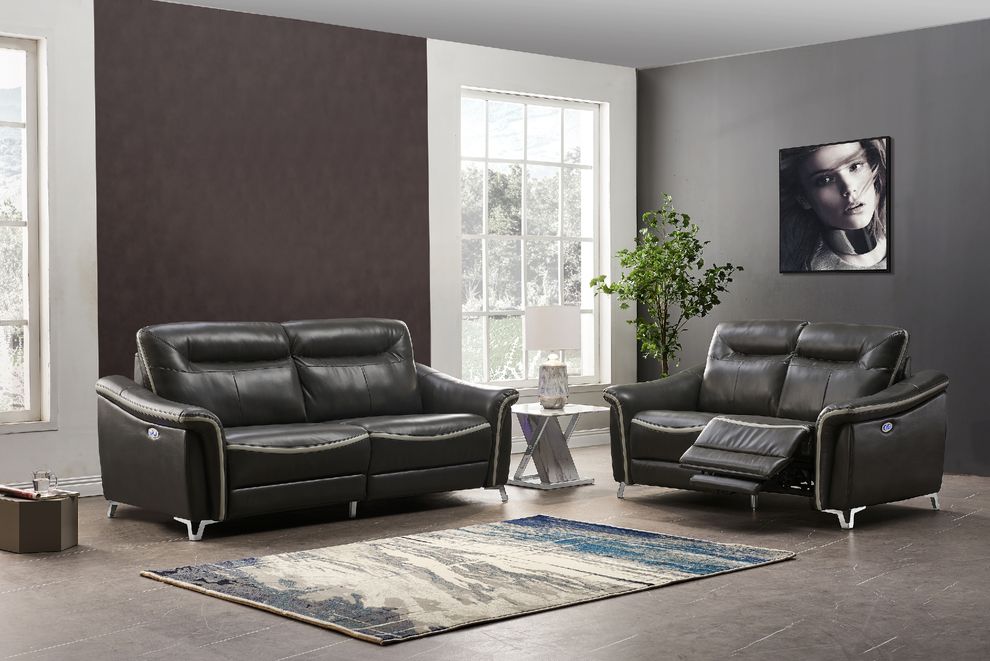 Dark grey contrast leather gel power reclining sofa by Global