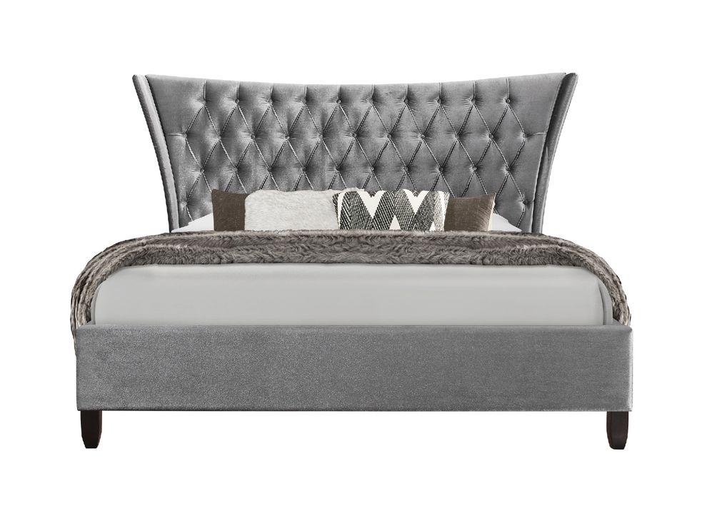 Gray fabric tufted V-shape contemporary king bed by Global
