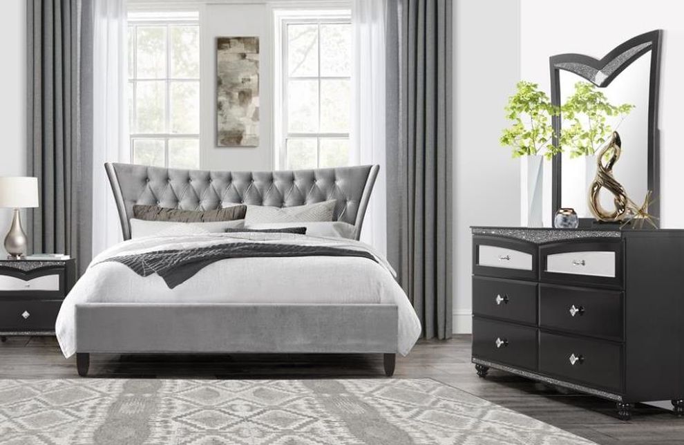 Gray fabric tufted V-shape contemporary bed by Global