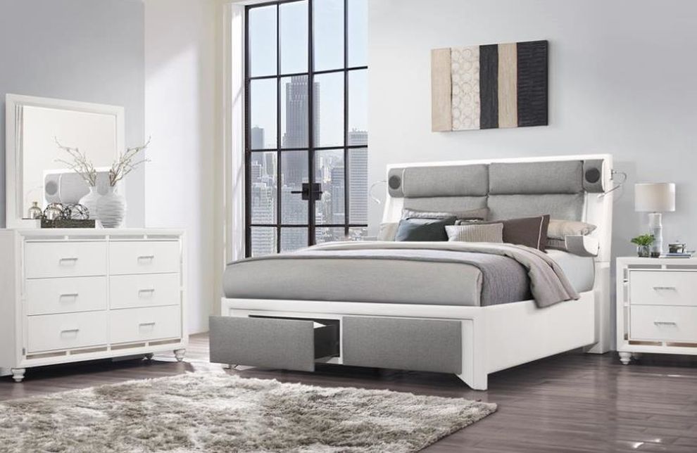 Gray/white upholstered bed w/ storage by Global
