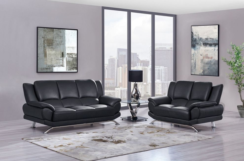 Modern black leather sofa w/ chrome legs by Global