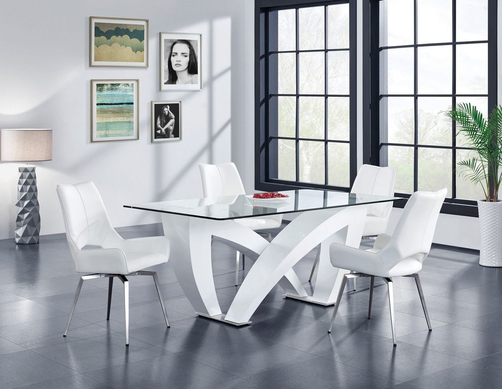 White base dining table with rectangular glass top by Global