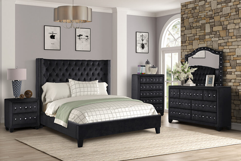 Square black velvet glam style queen bed by Galaxy