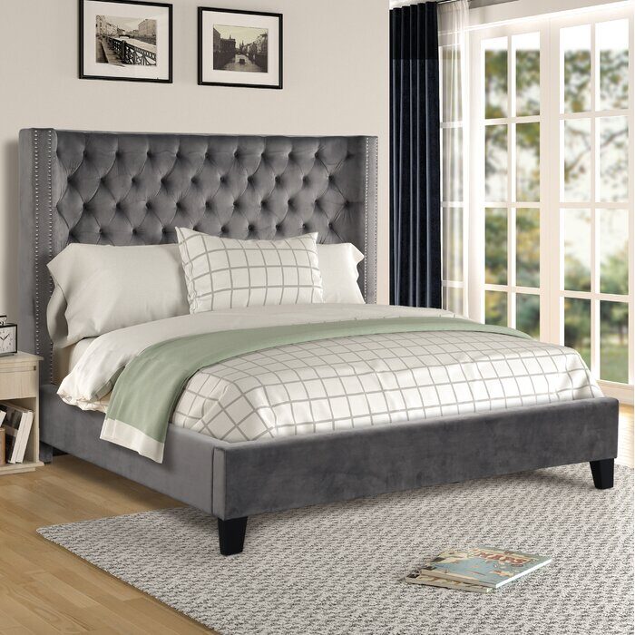 Square gray velvet glam style king bed by Galaxy