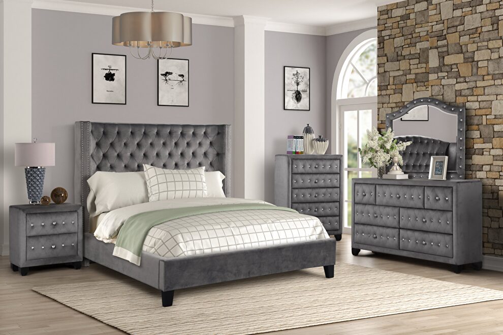 Square gray velvet glam style queen bed by Galaxy