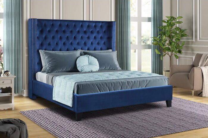 Square navy blue velvet glam style king bed by Galaxy