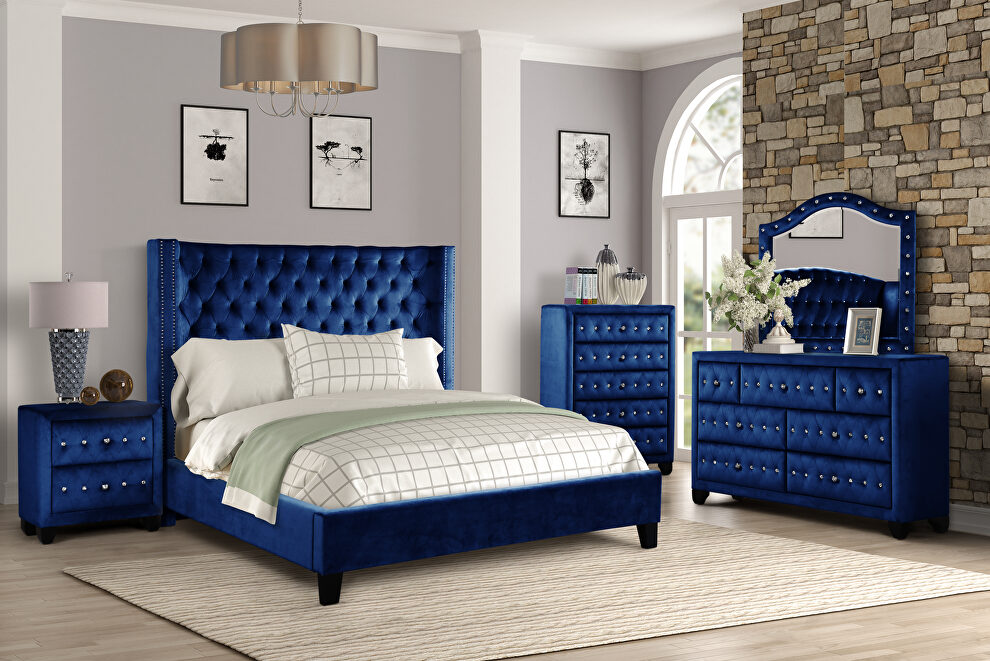Square navy blue velvet glam style queen bed by Galaxy