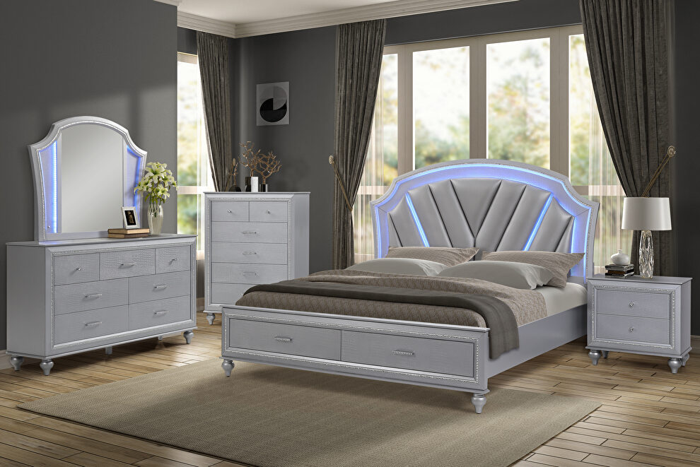 Silver finish wood queen bed w/ led light in headboard by Galaxy