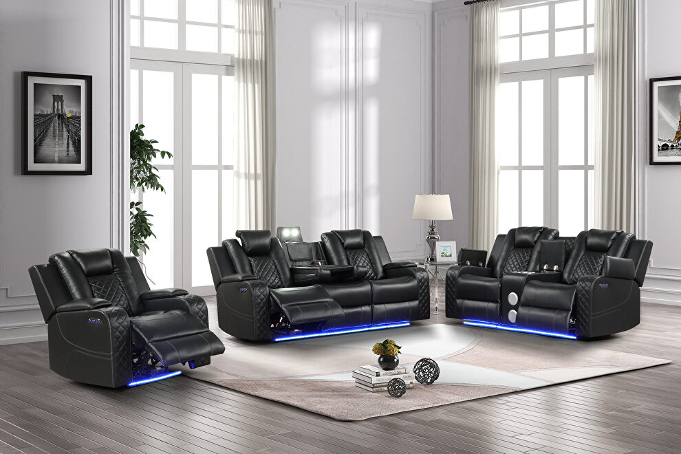 Black faux leather upholstery power reclining sofa by Galaxy