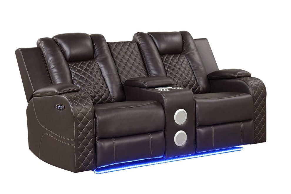 Led & power reclining loveseat made with faux leather in brown by Galaxy