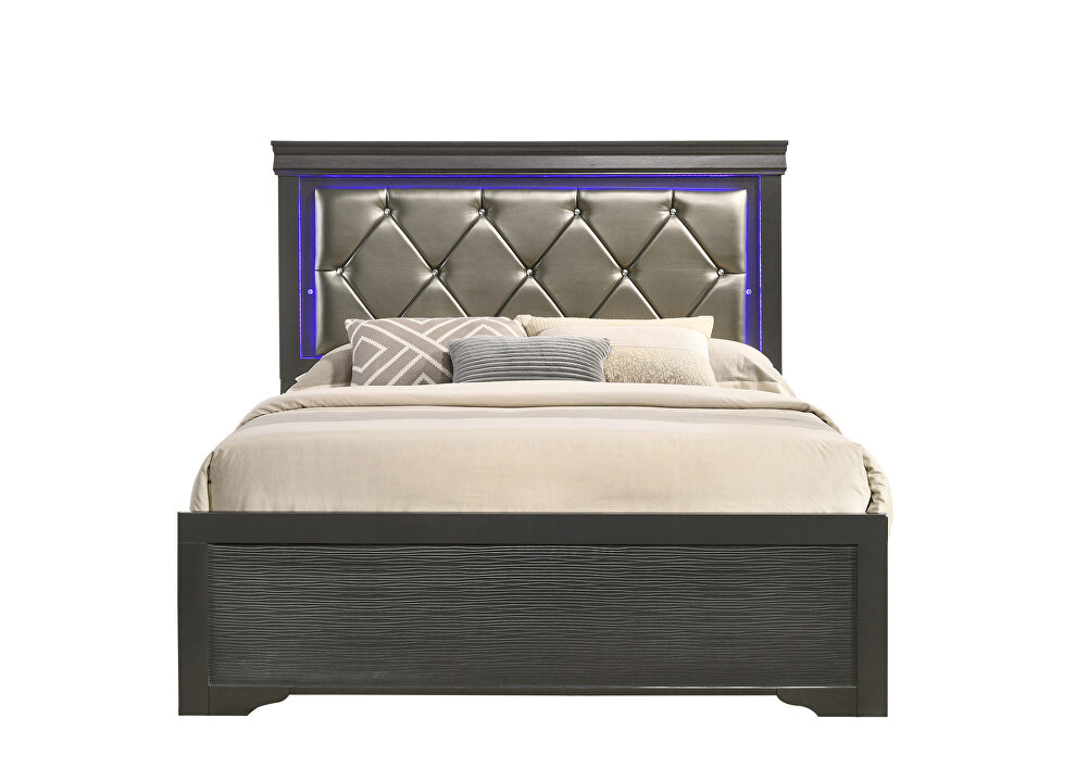 Gray finish button tufted faux leather headbord full bed w/ led light by Galaxy