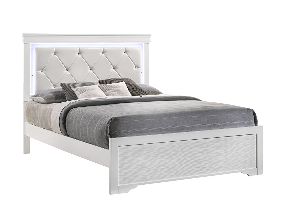 White finish button tufted faux leather headbord king bed w/ led light by Galaxy