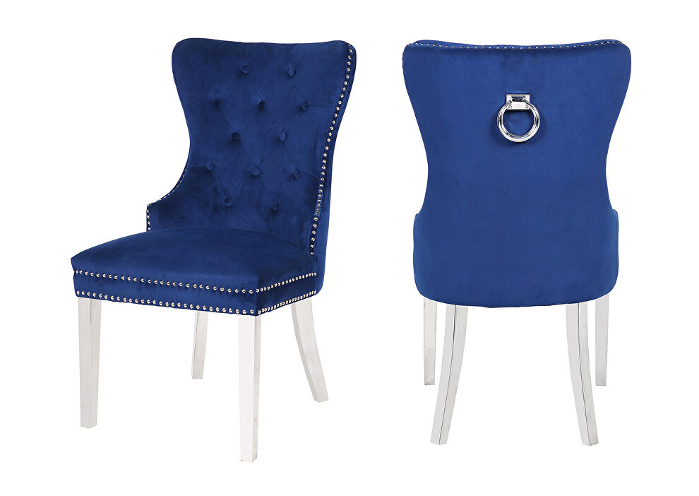 Navy velvet upholstery and stainless steel legs dining chair by Galaxy