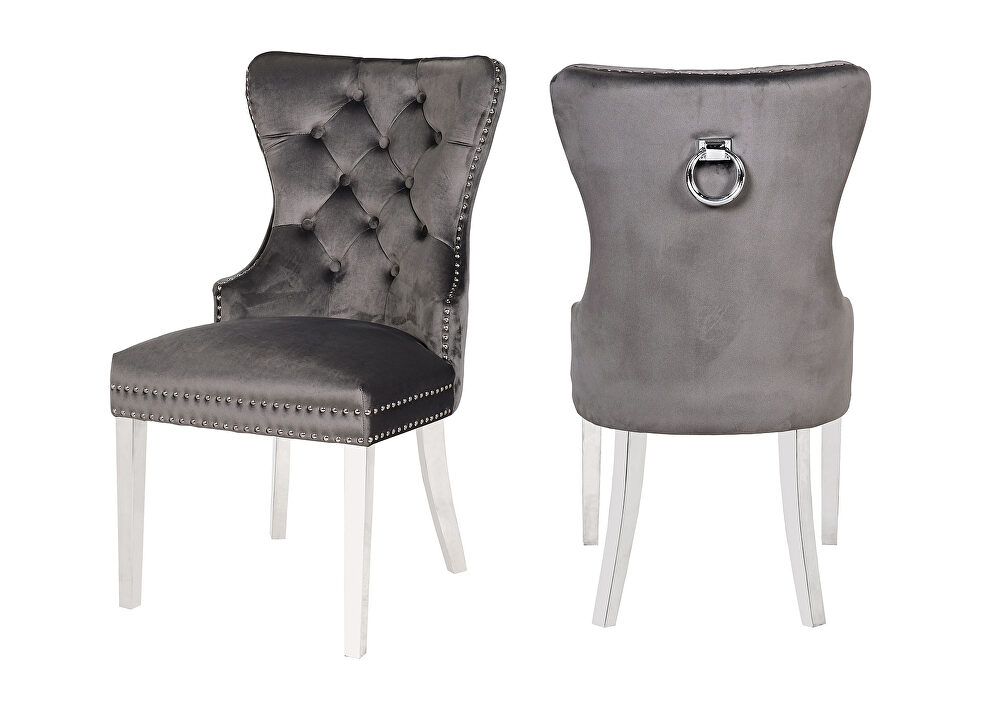 Dark gray velvet upholstery and stainless steel legs dining chair by Galaxy