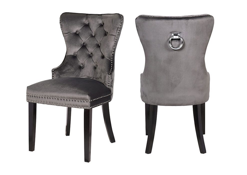 Dark gray velvet upholstery and wood legs dining chair by Galaxy