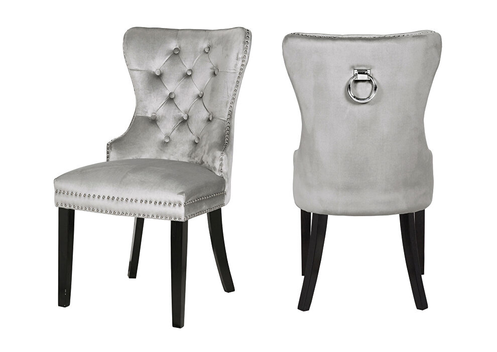 Light gray velvet upholstery and wood legs dining chair by Galaxy
