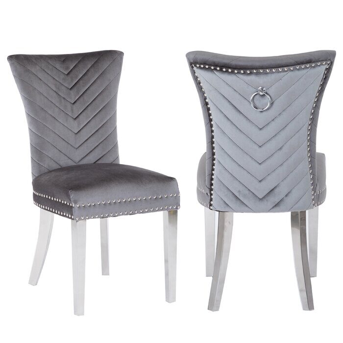 Gray velvet upholstery/ stainless steel legs dining chair by Galaxy
