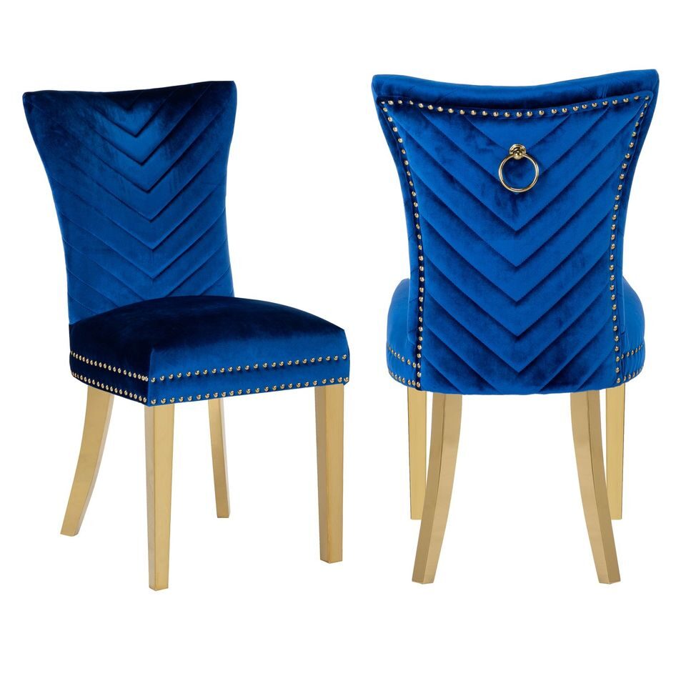 2 piece gold legs dining chairs finished with velvet fabric in blue by Galaxy